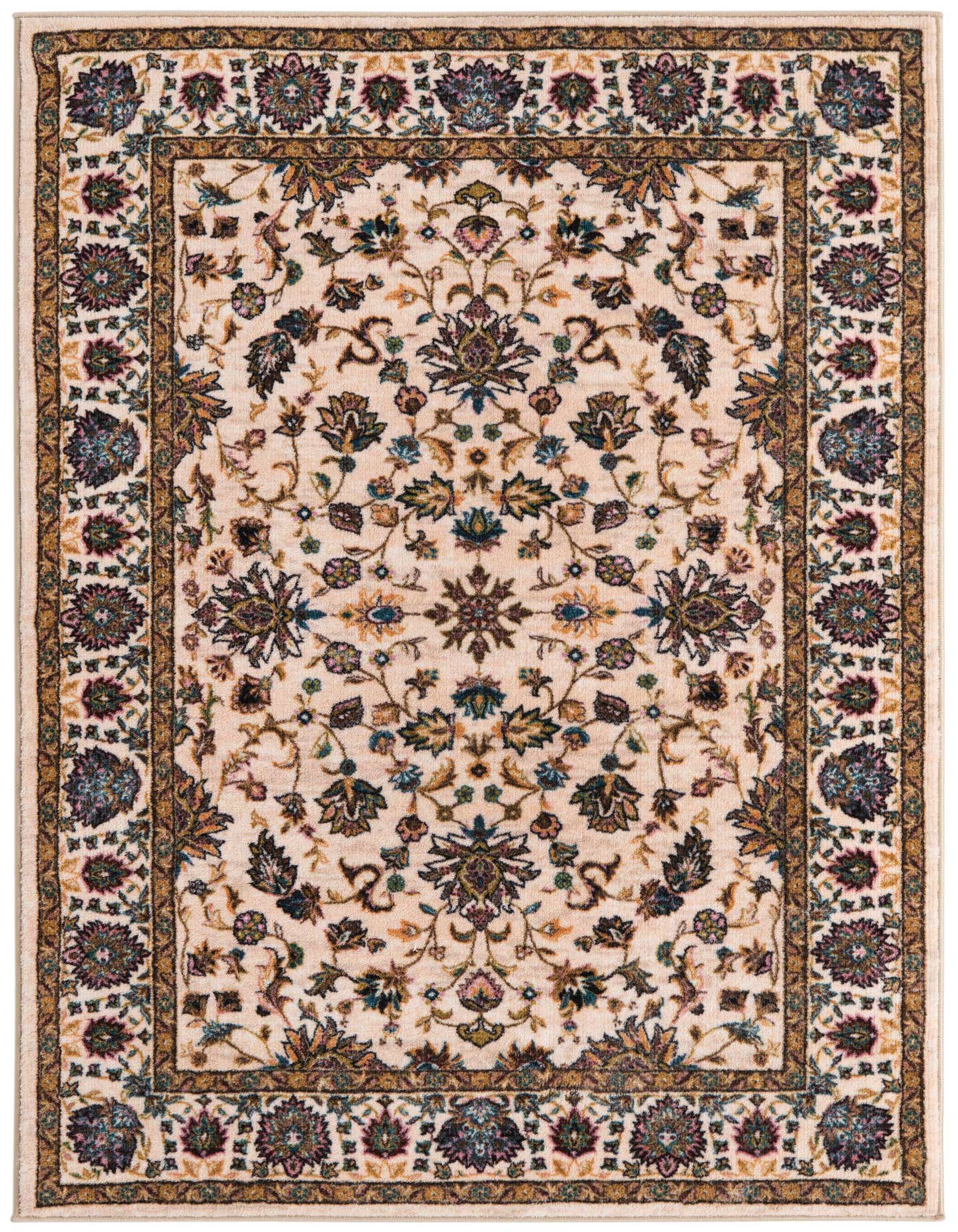A 4x6 rectangular ivory traditional rug with a detailed floral and vine pattern in blues, greens, and browns, featuring a multi-layered border.