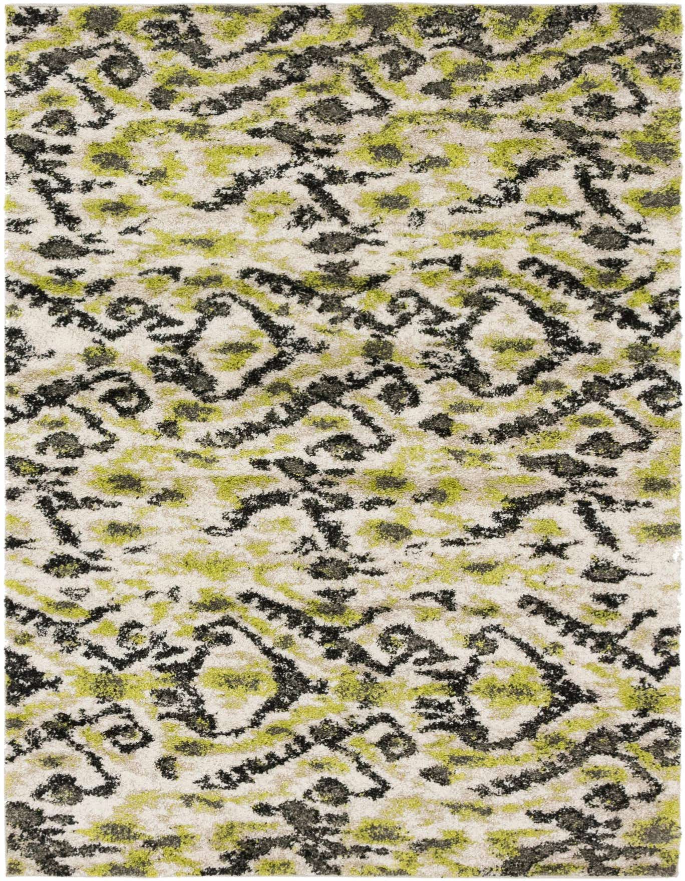 A rectangular 5x8 modern abstract area rug with a high pile, featuring an ivory background with black and lime green patterns.