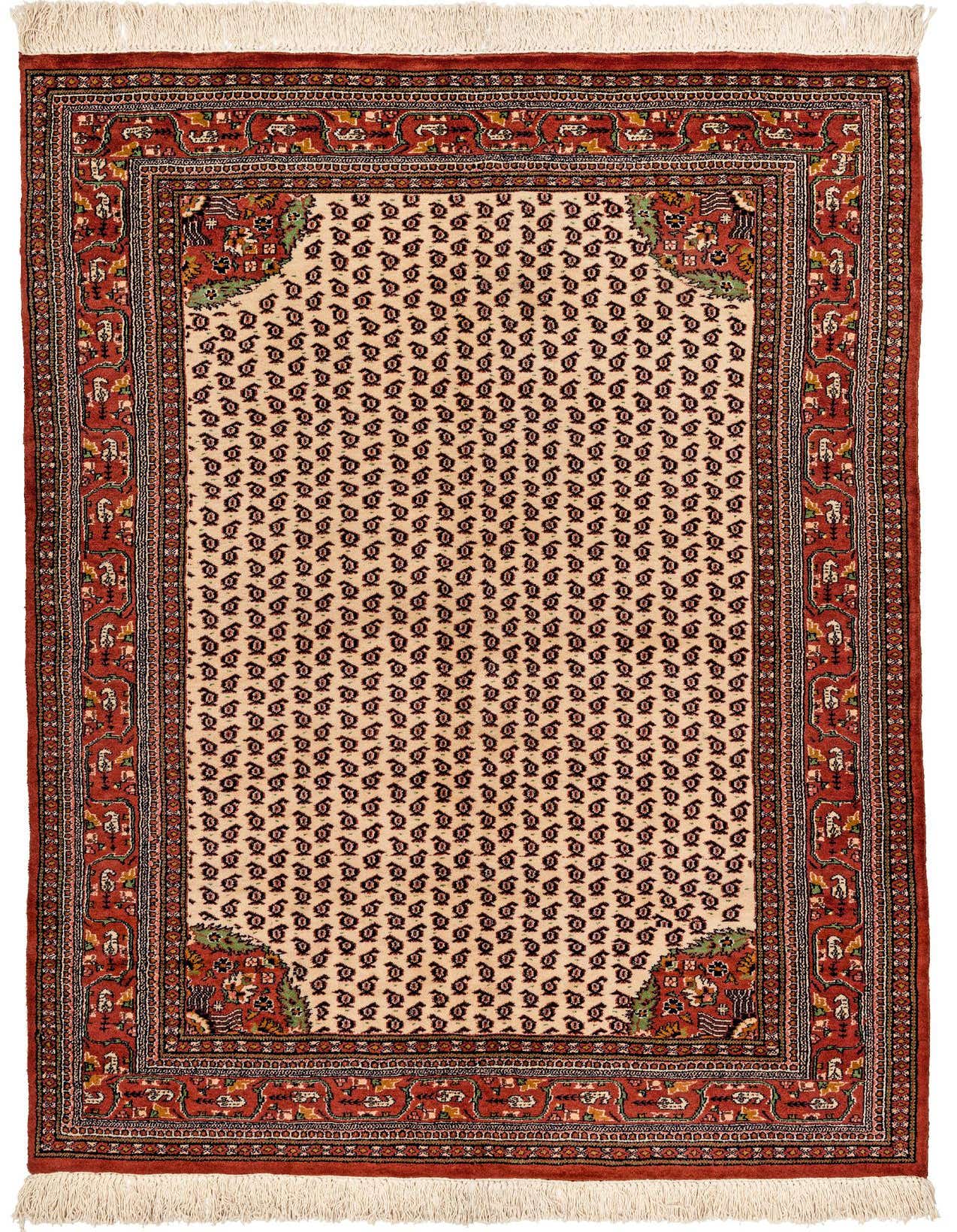 A 4x6 rectangular ivory and red traditional wool rug with a detailed oriental pattern and fringe.