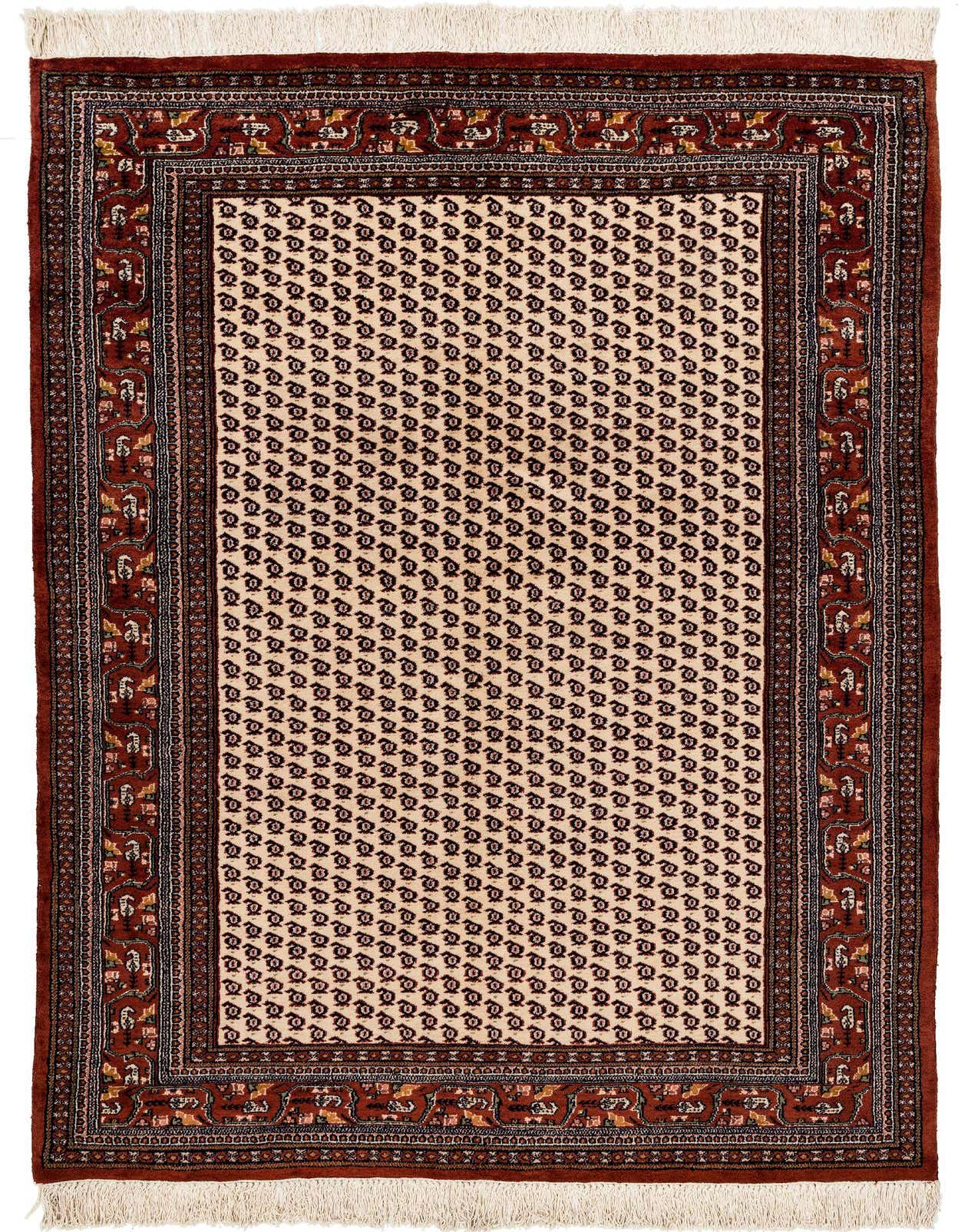 A 4x6 rectangular ivory and cream wool rug with a repeating paisley pattern and a detailed red-brown border.