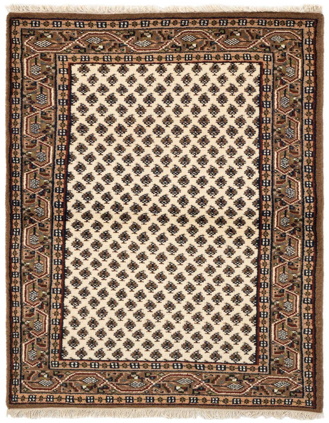 A 3x5 rectangular ivory and brown traditional wool rug with a repeating diamond pattern and intricate border.