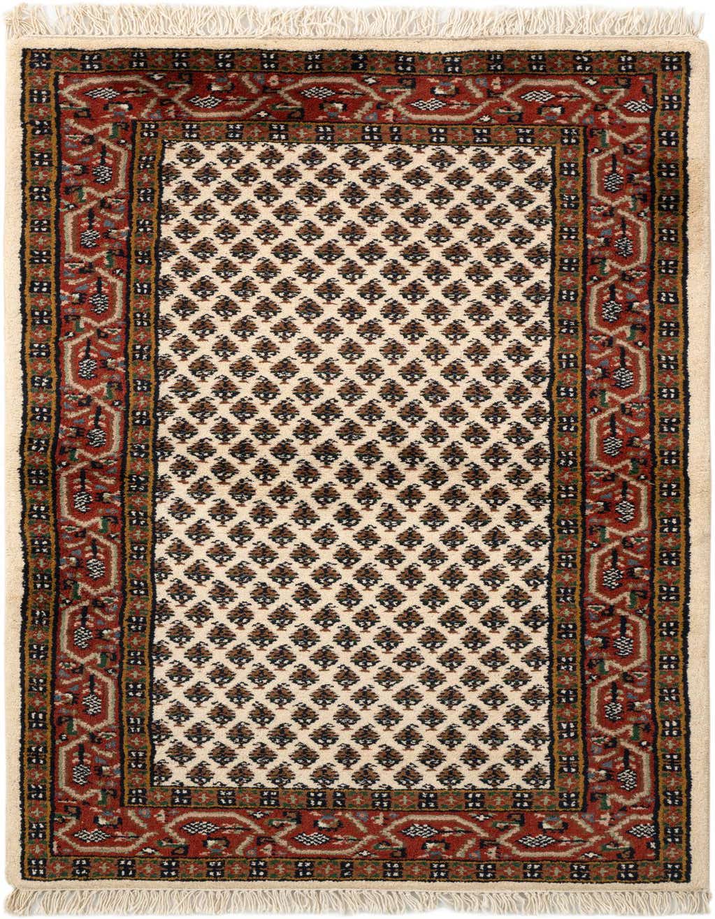 A 3x5 rectangular ivory and cream wool rug with a traditional Oriental pattern and a red border.