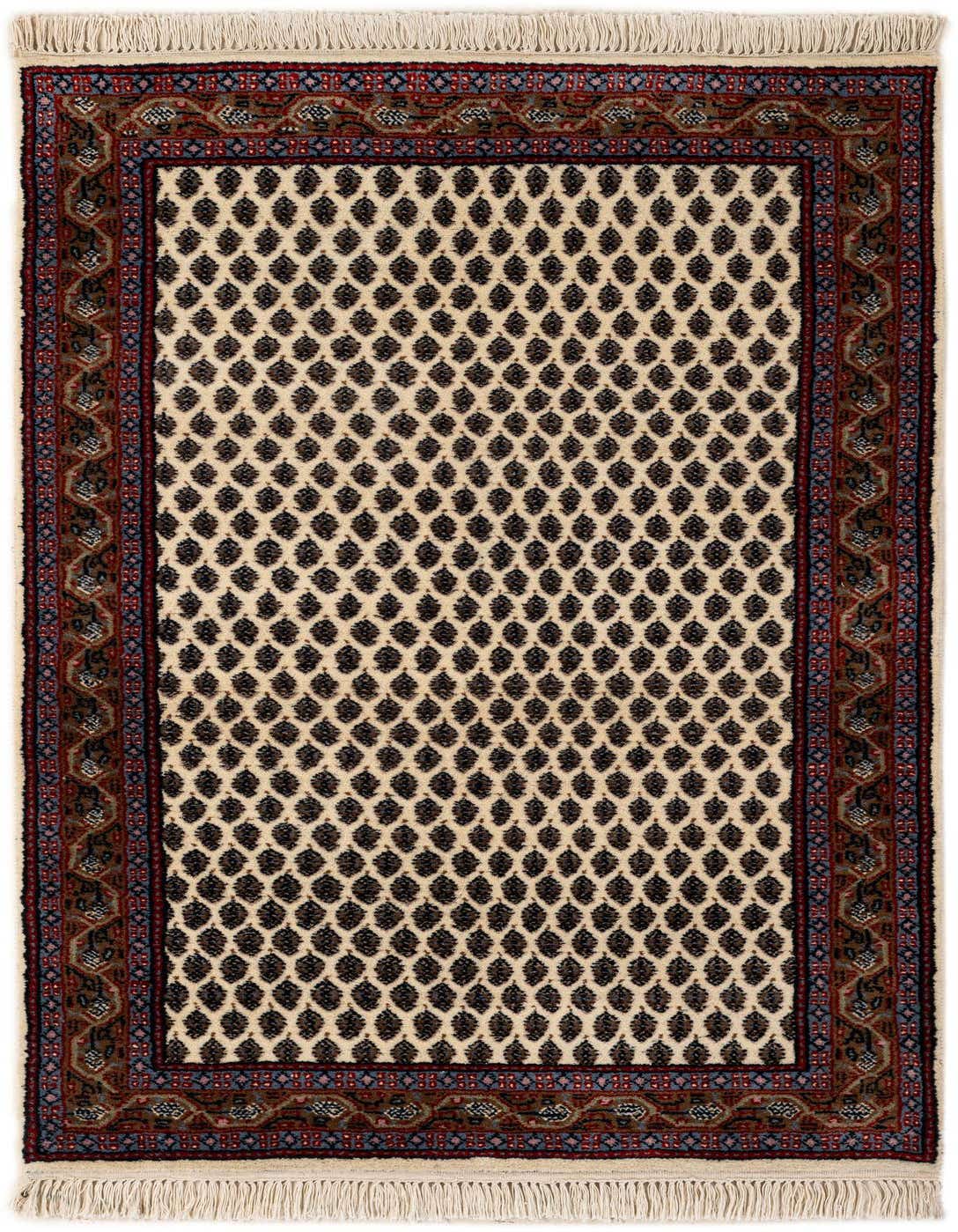 A 3x5 rectangular ivory and black traditional Mir wool rug with a detailed red and blue border.