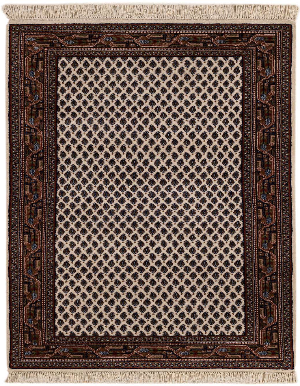 A 3x5 rectangular ivory and brown traditional wool rug with an intricate Oriental pattern and fringe.