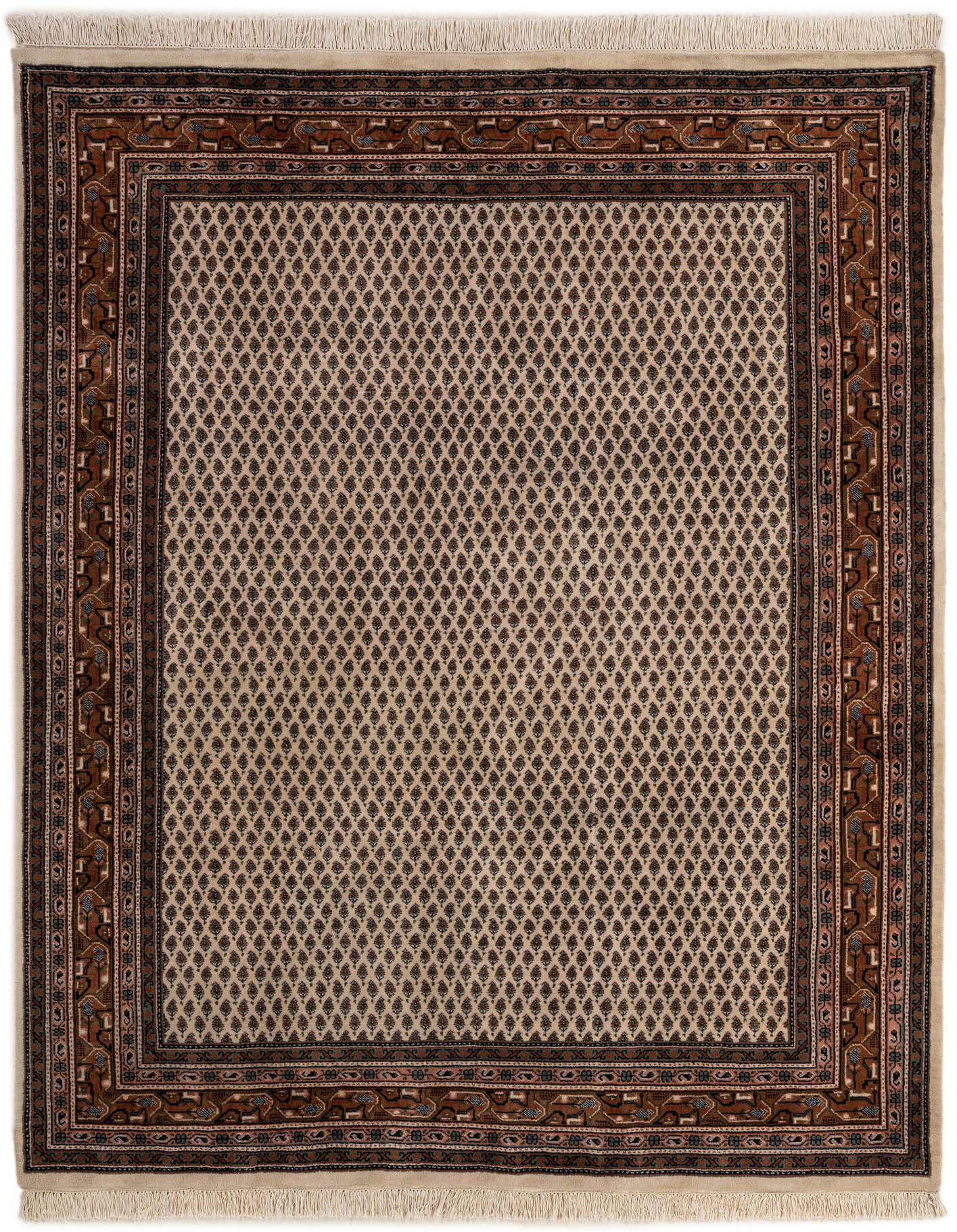 A 5x8 rectangular ivory and brown traditional Oriental wool rug with a detailed border and repeating pattern.