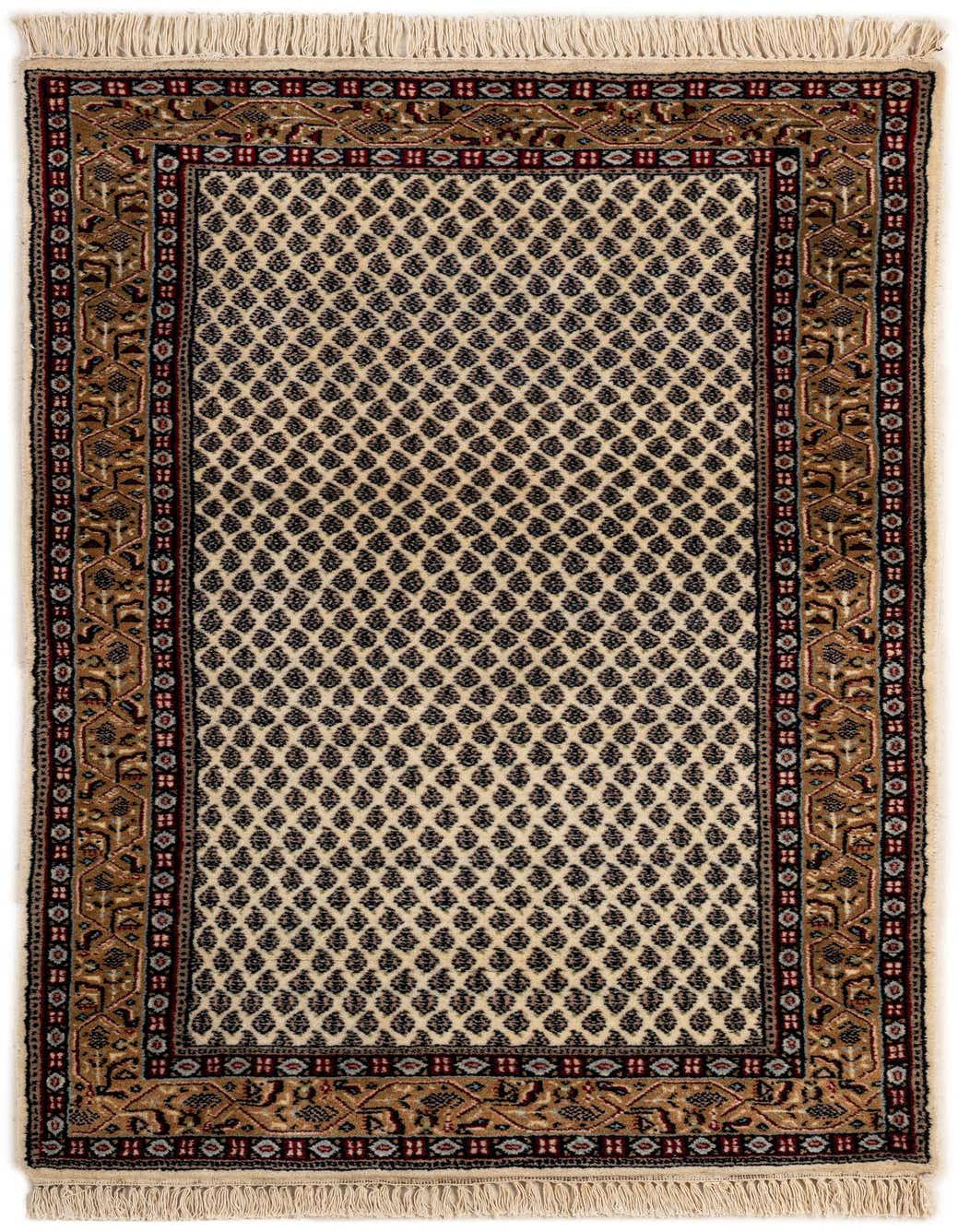 A 3x5 rectangular ivory and black traditional Mir wool rug with a detailed border and fringe.