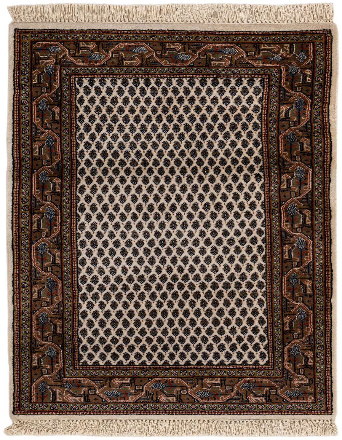 A 3x5 rectangular ivory and brown traditional wool rug with a repeating leaf pattern and ornate border.
