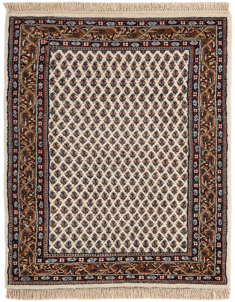 A 3x5 rectangular ivory and cream wool rug with a traditional Oriental pattern and fringed edges.