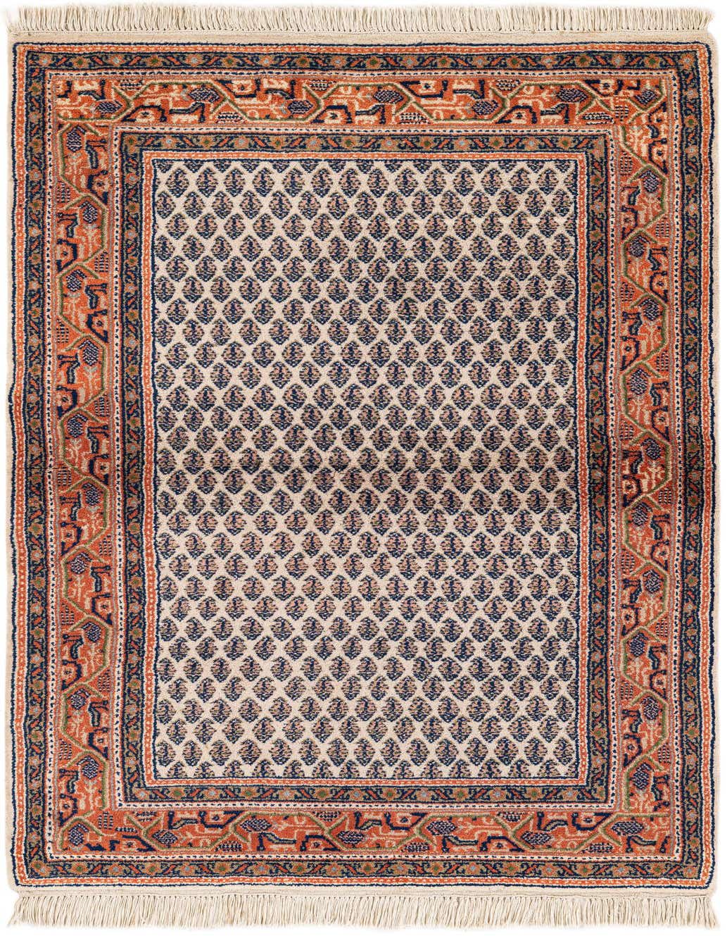 A 3x5 rectangular ivory Oriental rug with a detailed navy and terracotta border and fringe.