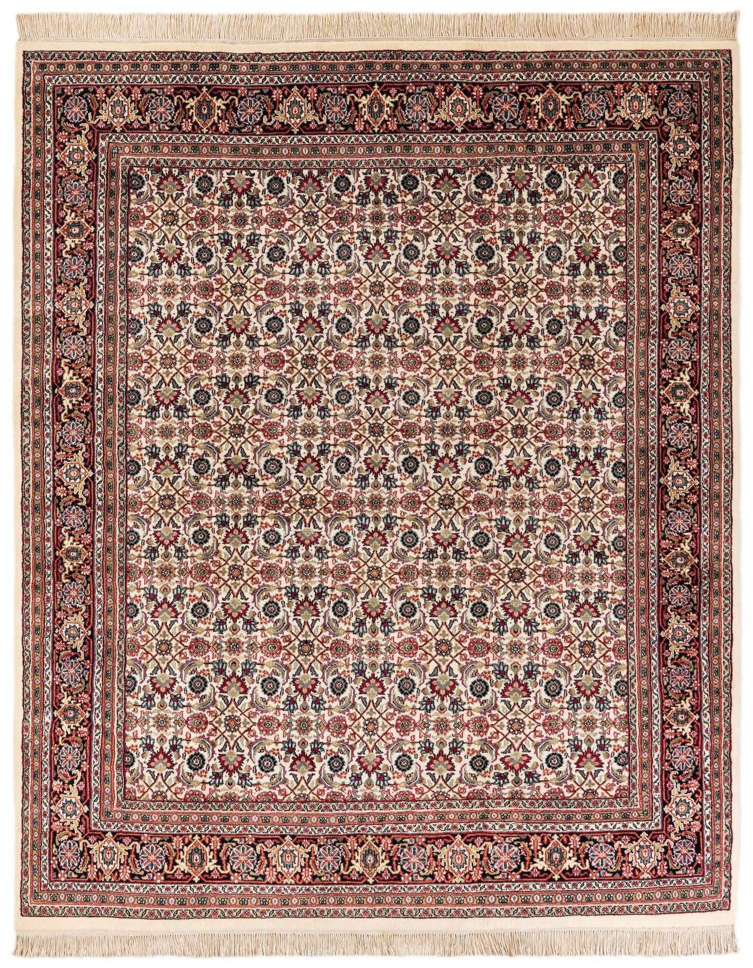 A 6x9 rectangular ivory wool rug with a detailed traditional floral and medallion pattern, featuring red, blue, and gold accents, and a classic border design.