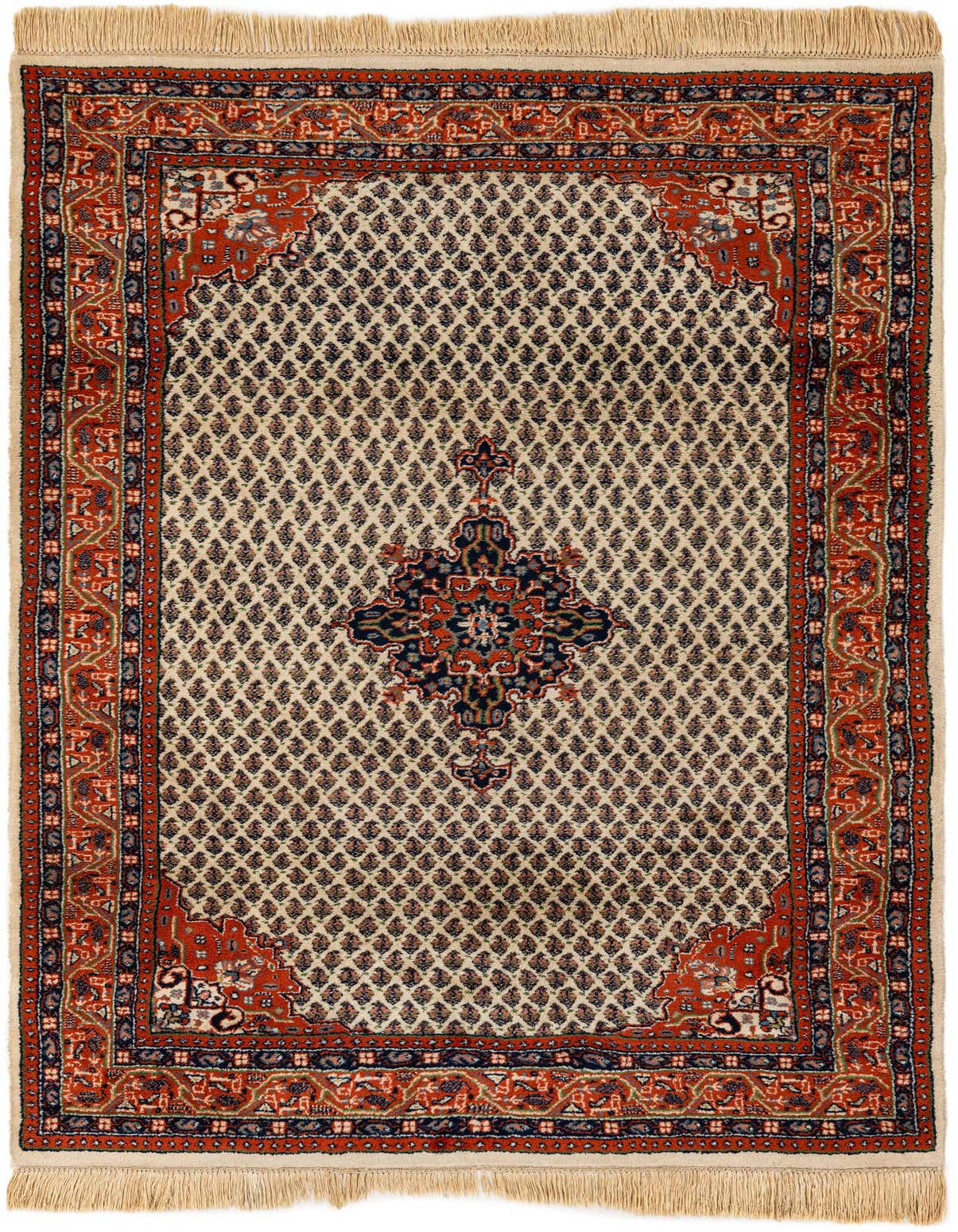 A 4x6 rectangular ivory and red traditional Oriental rug with a detailed central medallion and intricate border.