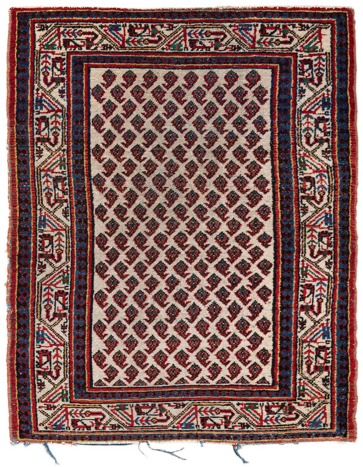A 3x4 rectangular Mir collection rug with an ivory field, red and blue traditional patterns, and a diamond motif.