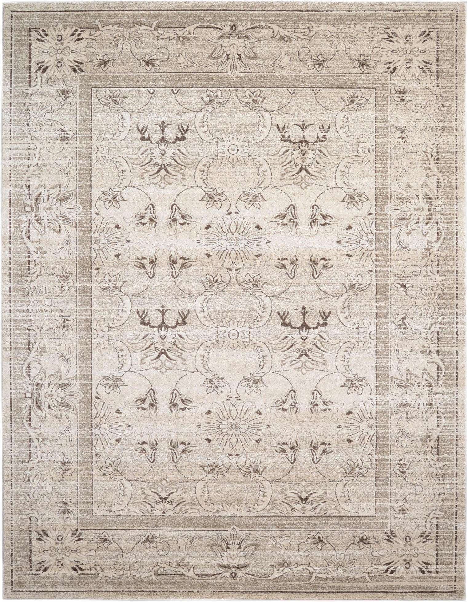 A 9x12 rectangular ivory and cream area rug with a distressed traditional floral and botanical pattern, featuring a bordered design.