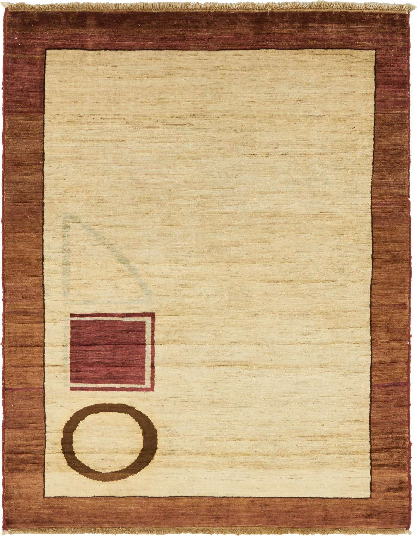 A 4x6 rectangular ivory and brown modern rug with a solid border and abstract geometric shapes.