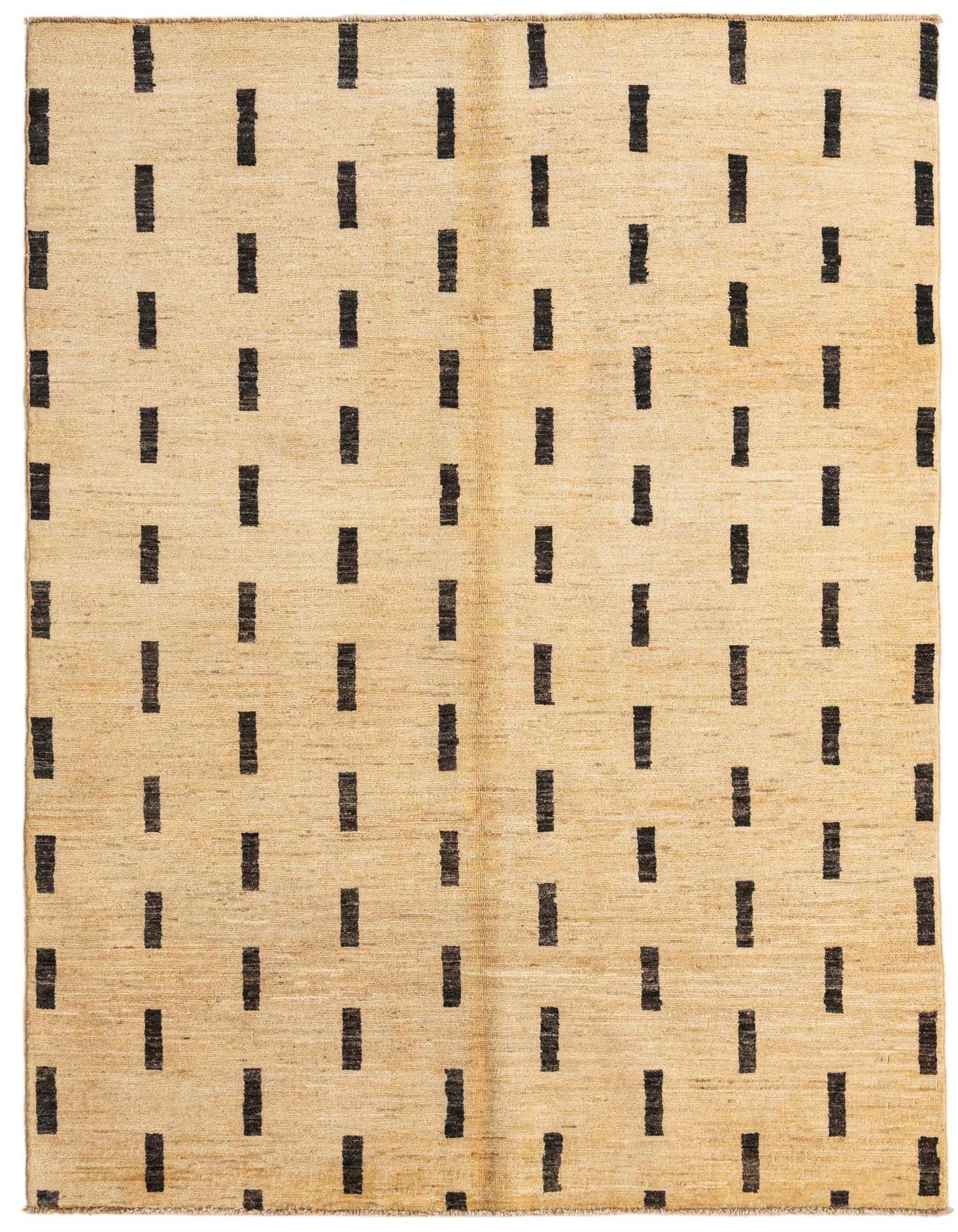 A 4x6 rectangular ivory wool rug with a modern abstract pattern of scattered short black dashes.