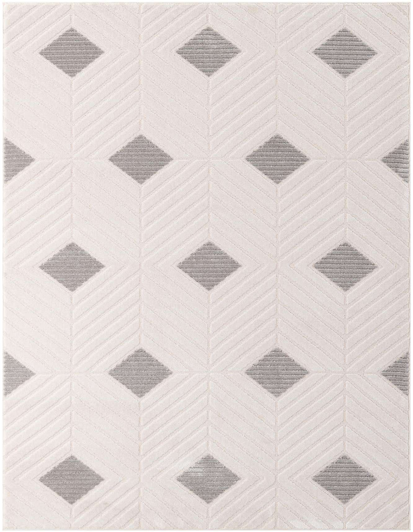 A 5x8 rectangular ivory and gray rug with a modern geometric diamond pattern, suitable for a living room.