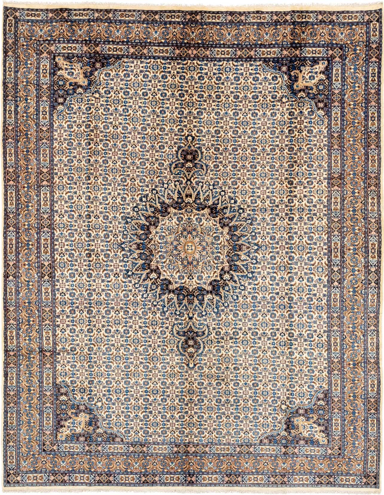 A 7x10 rectangular ivory and blue Persian rug with a traditional medallion pattern, ideal for a living room.