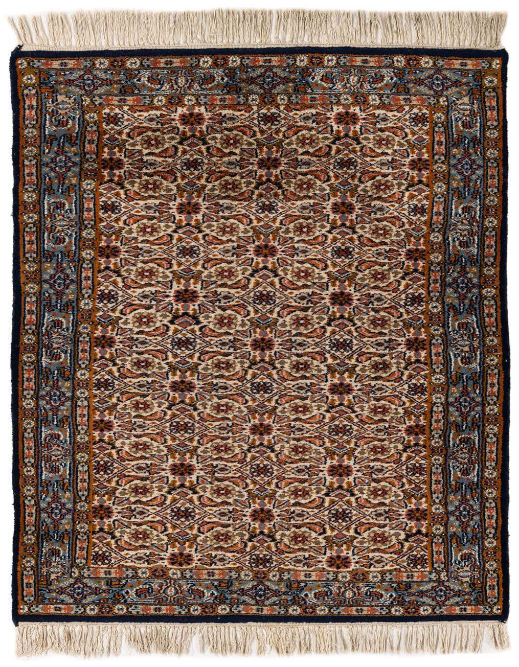 A 3x5 rectangular ivory and cream wool rug with a traditional Oriental pattern and navy blue border, featuring intricate floral and geometric motifs.