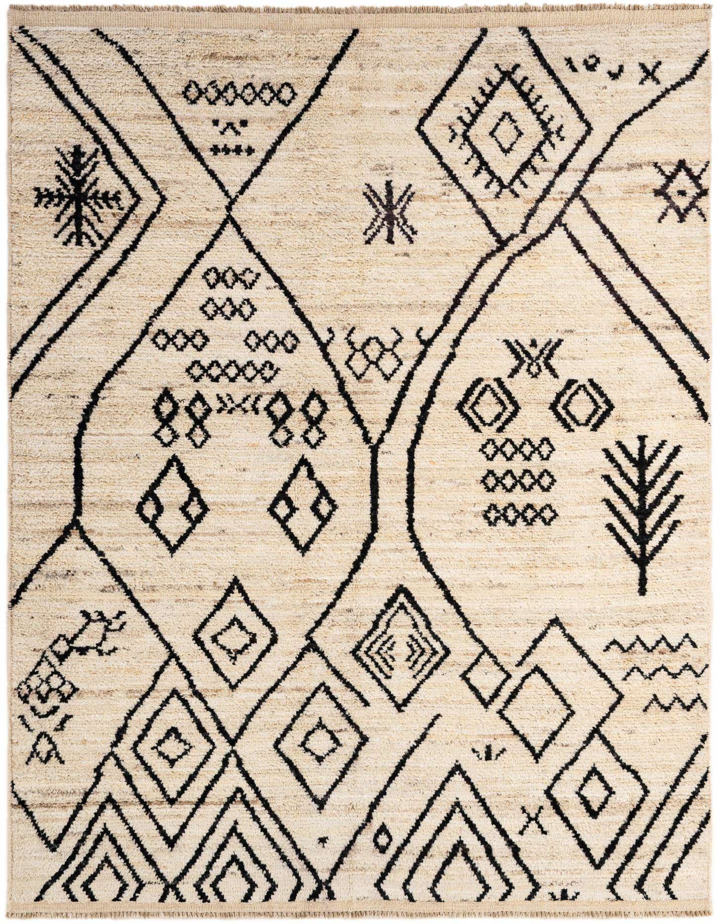 A 5x8 rectangular ivory wool rug with a black tribal, abstract pattern, suitable for a living room.