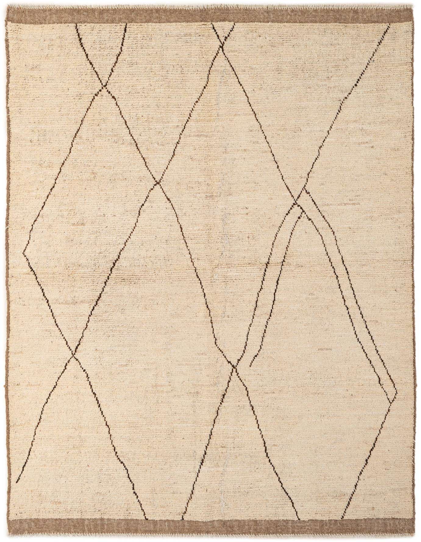 A 5x8 rectangular ivory wool rug with a tribal diamond pattern in dark brown and a brown border.