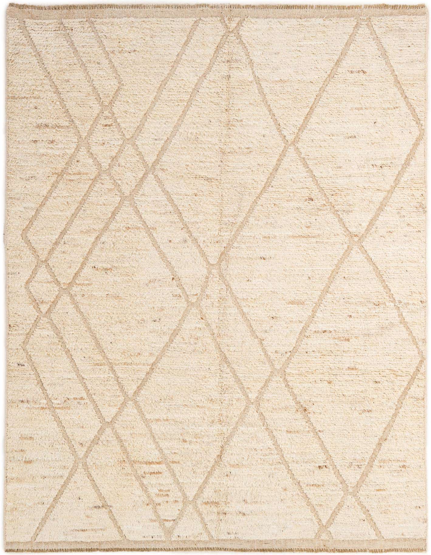 A 5x8 rectangular ivory wool rug featuring a subtle tribal geometric diamond pattern, suitable for a modern living room.