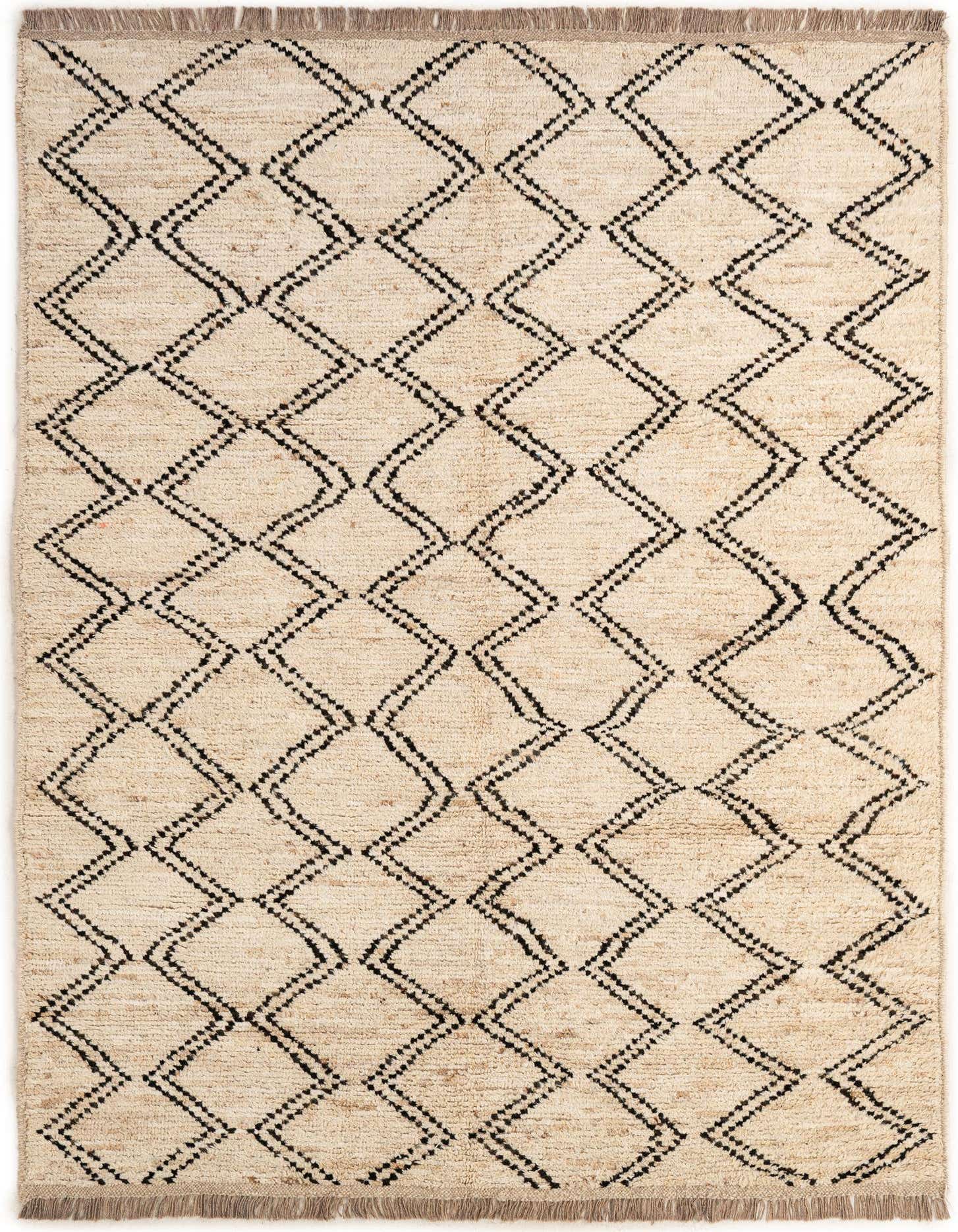 A 5x8 rectangular ivory wool rug with a black tribal diamond pattern and fringe ends, suitable for a living room.