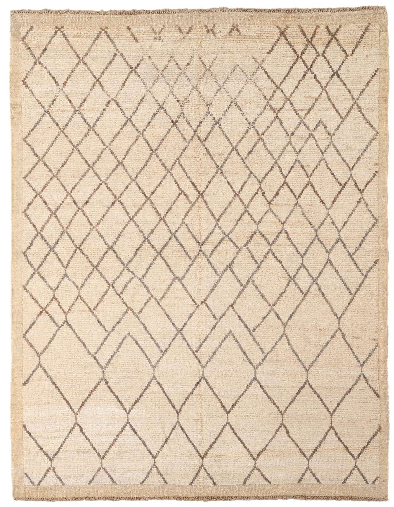A 5x8 rectangular ivory wool rug with a tribal diamond pattern in subtle brown tones, perfect for a living room.