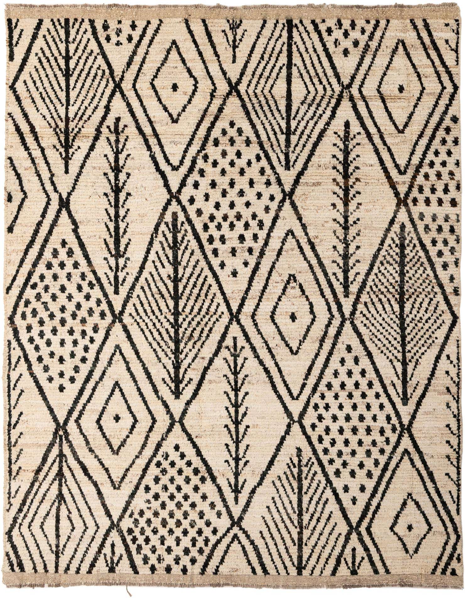 A 5x8 rectangular ivory and black wool rug with a modern tribal pattern of diamonds, dots, and leaf-like motifs.