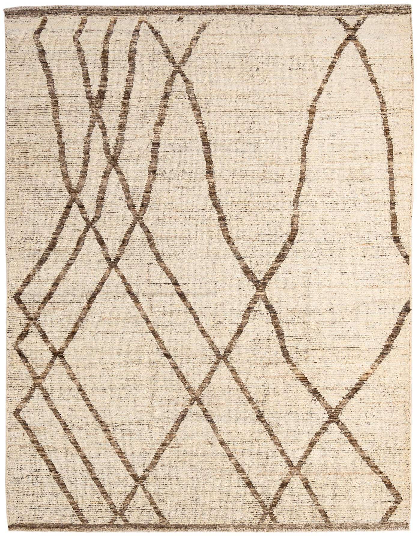 A 7x10 rectangular ivory wool rug with a tribal modern pattern of intersecting brown lines, suitable for a living room.