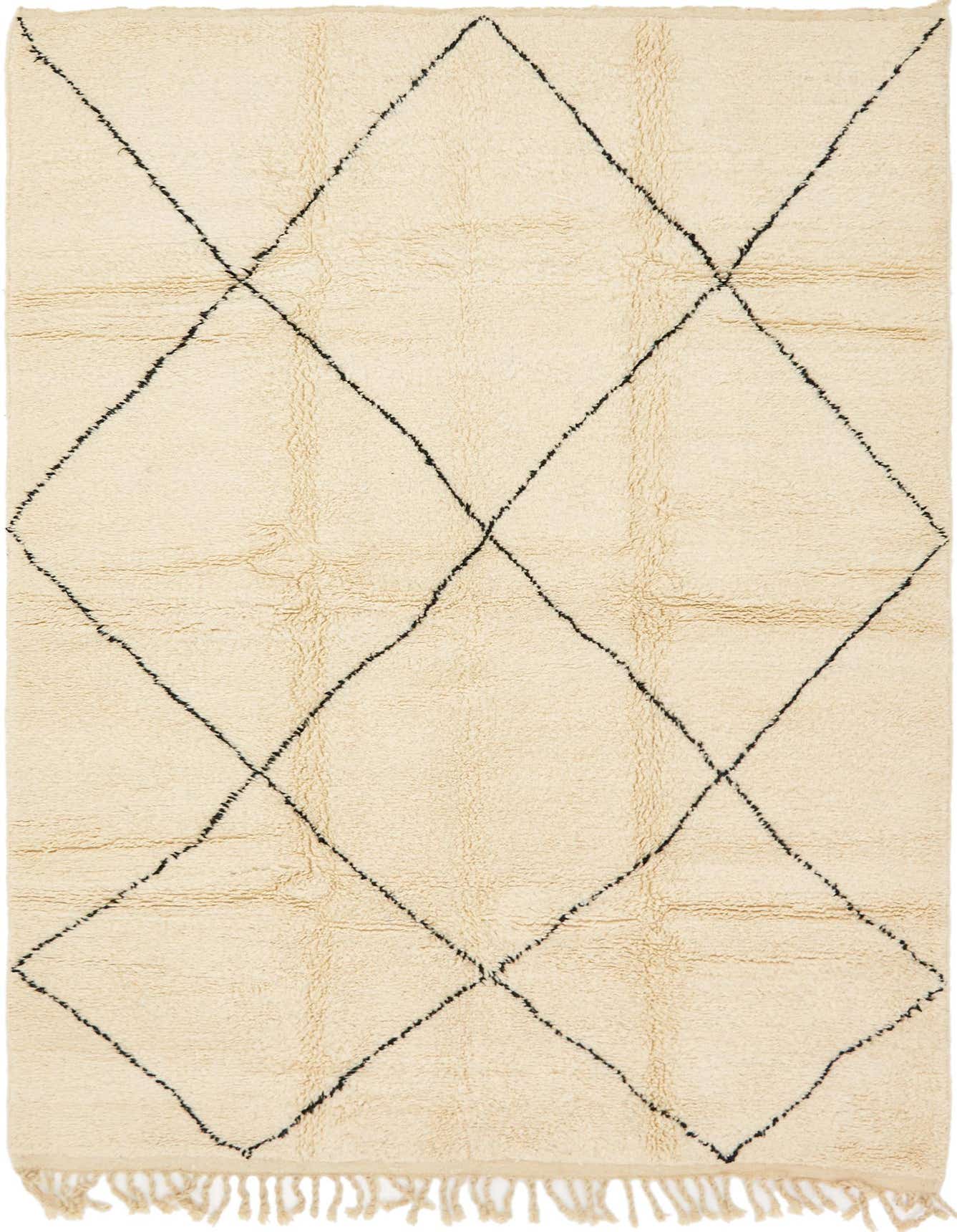 A 7x10 rectangular ivory shag rug with a black diamond trellis pattern and fringe, suitable for a living room.