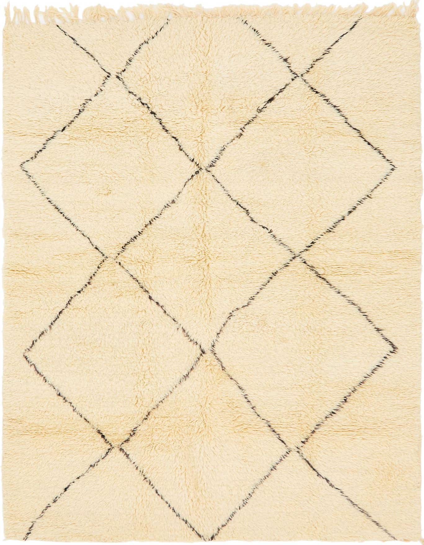 A 6x9 rectangular ivory shag rug with a black diamond pattern, perfect for a living room or bedroom.