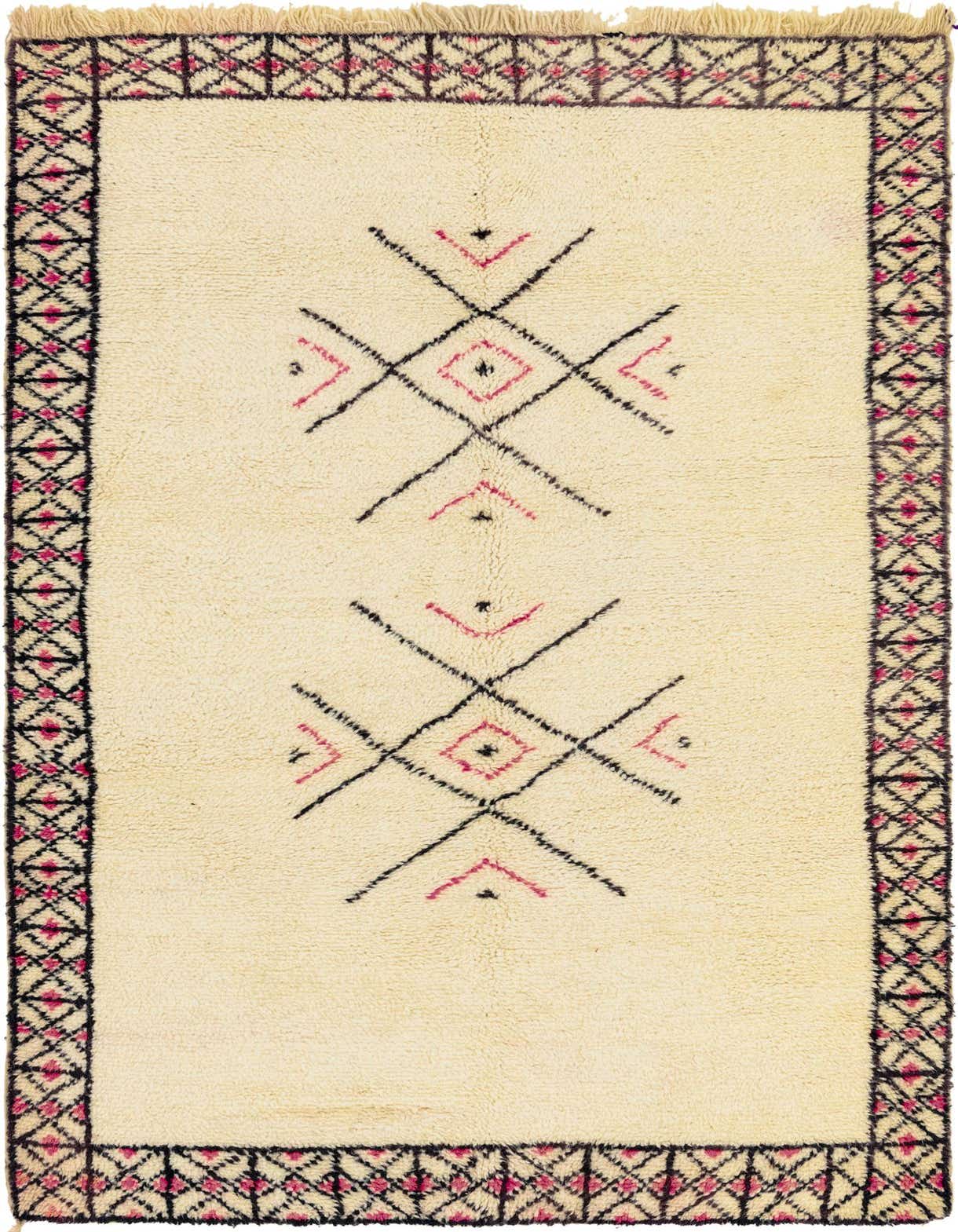 A 5x8 rectangular ivory shag rug with a black and pink tribal geometric pattern, suitable for a living room.