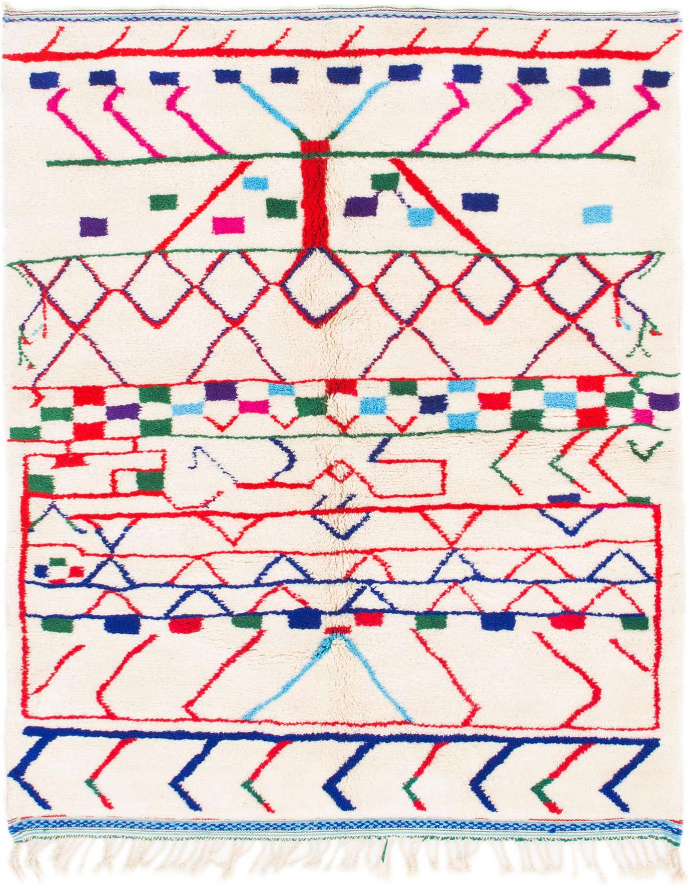 A 5x7 rectangular ivory shag rug with colorful tribal and abstract patterns in red, blue, green, and pink.