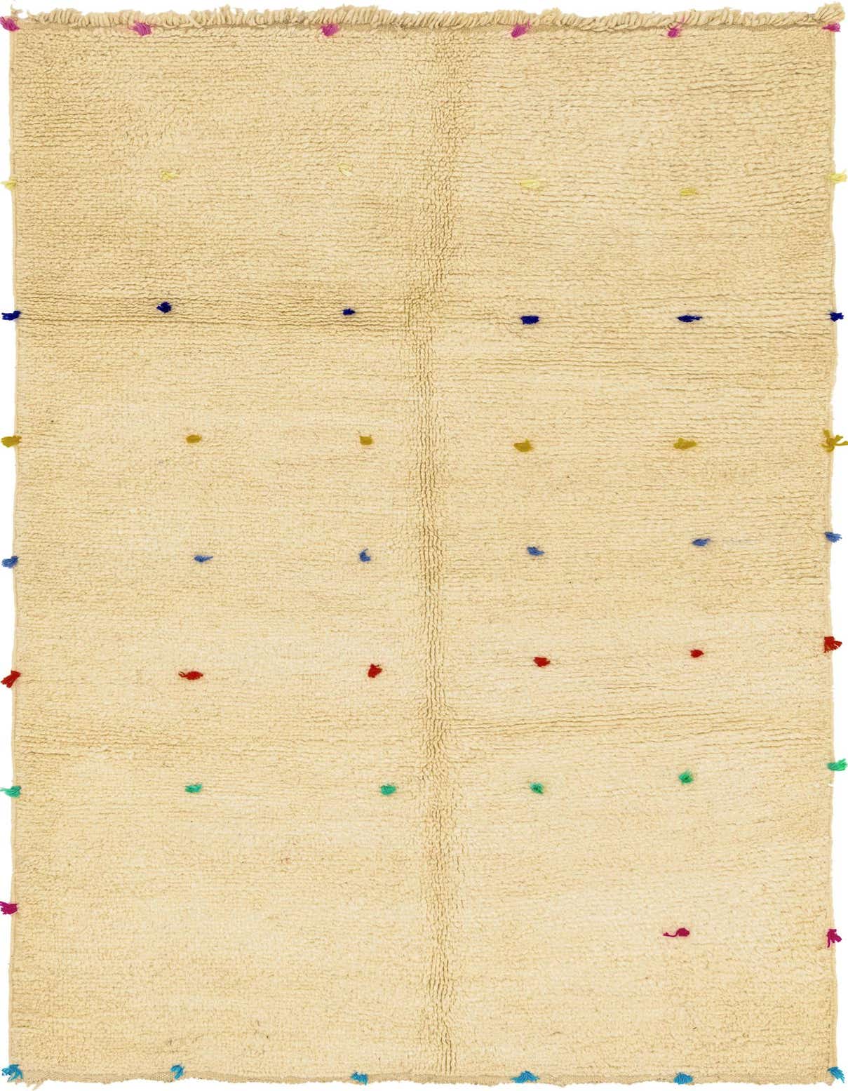 A 5x8 rectangular ivory shag rug with colorful tribal dots in red, blue, green, and yellow, suitable for a living room.