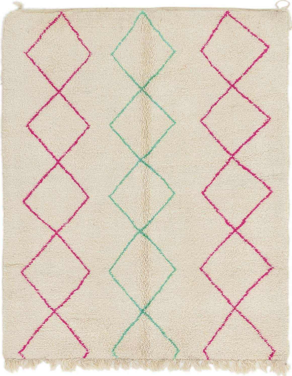 A 5x8 rectangular ivory shag rug with a playful tribal pattern of pink and teal diamonds, perfect for a kid's room or living area.