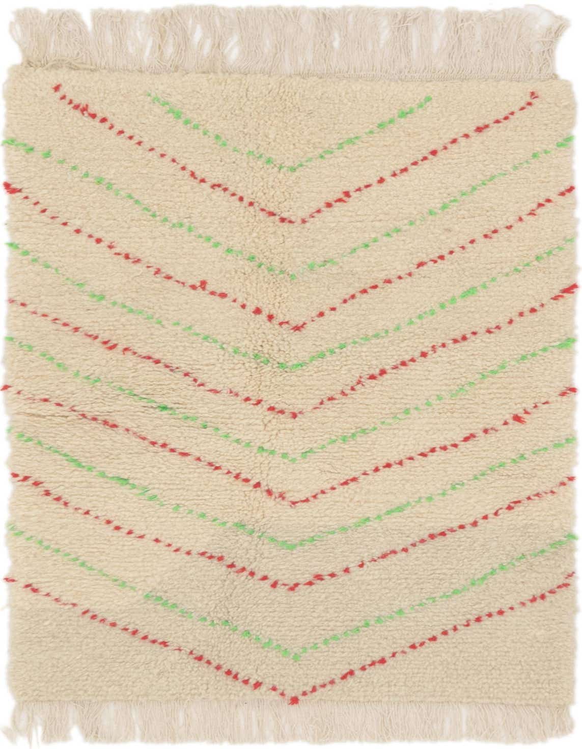 A 3x5 rectangular ivory shag rug with red and green chevron stripes and fringed ends, suitable for an indoor living space.