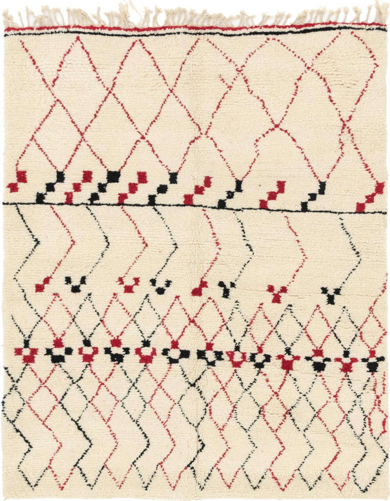 A 5x7 rectangular ivory shag rug with a tribal Moroccan pattern in red and black diamonds and abstract shapes.