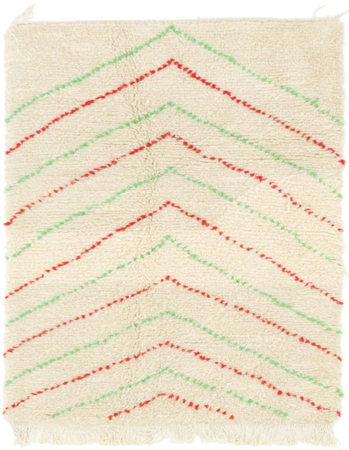 A 3x5 rectangular ivory shag rug with a tribal chevron pattern in red and green, suitable for an indoor living space.