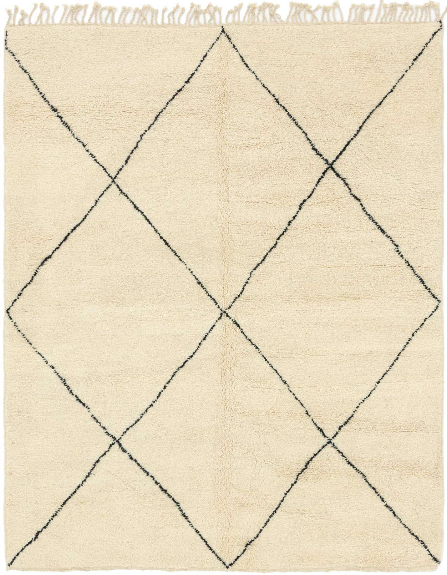 A 7x10 rectangular ivory shag rug with a black diamond trellis pattern, featuring fringe on two ends.