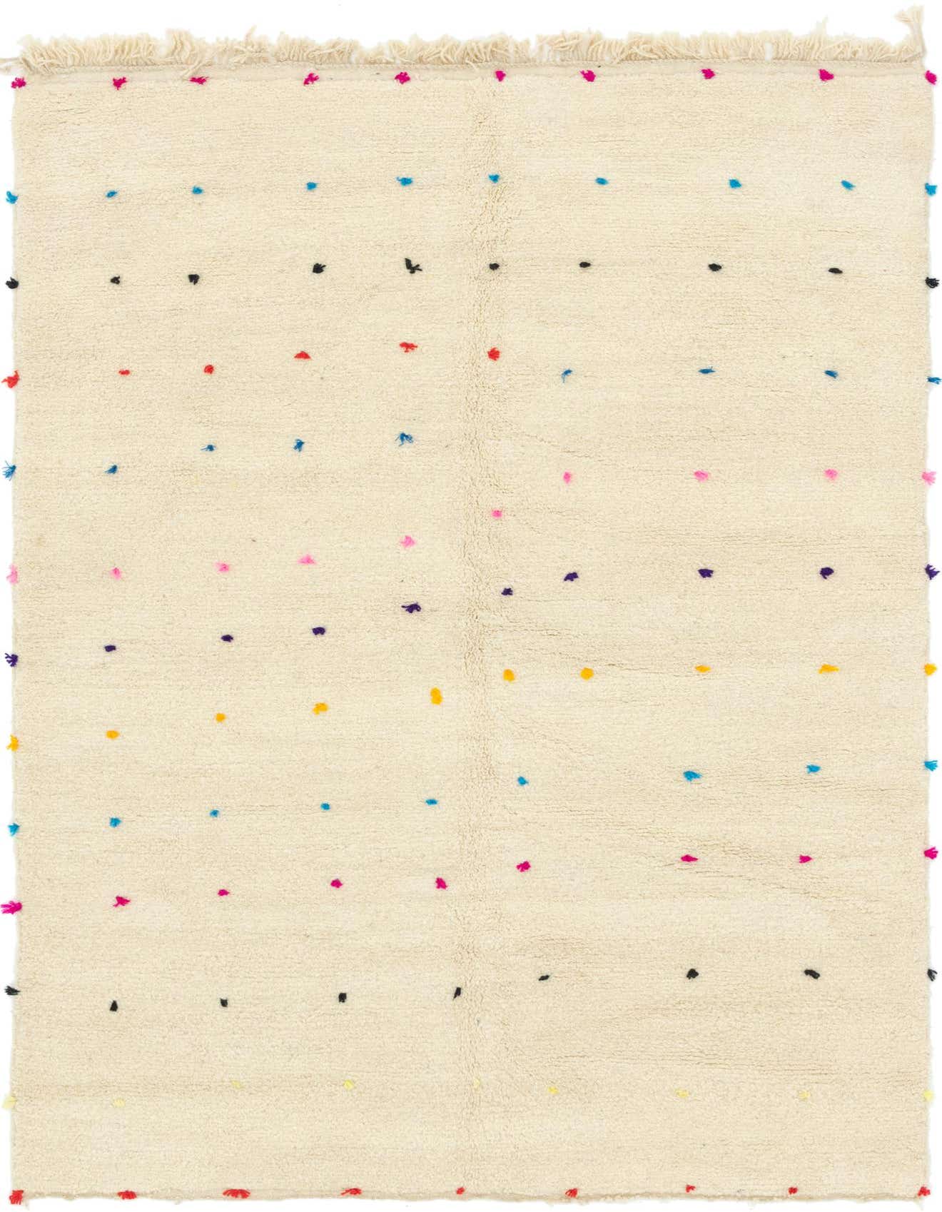 A 7x10 rectangular ivory shag rug with colorful tribal dots in blue, red, pink, yellow, and black, suitable for a living room.