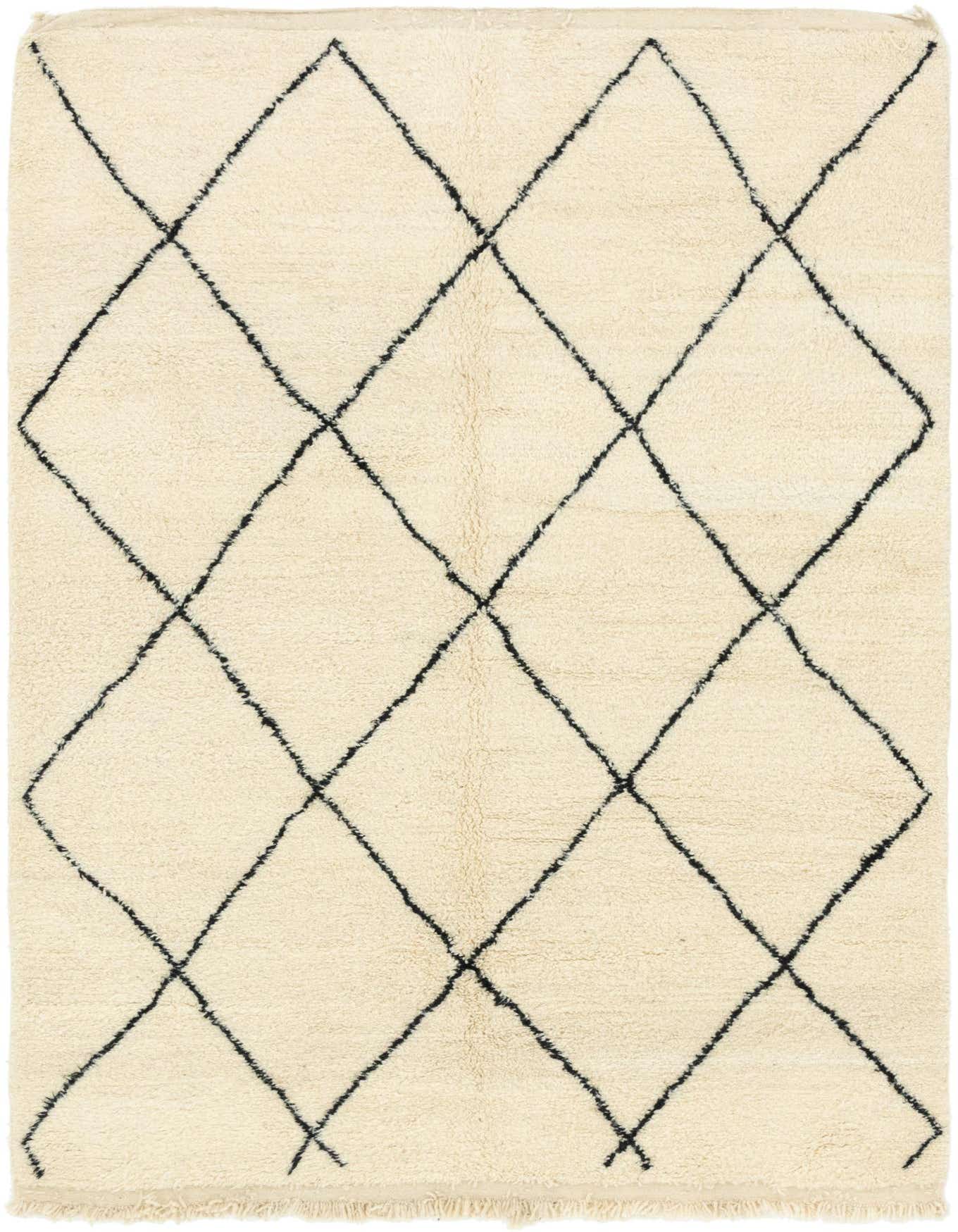 A 6x9 rectangular ivory shag rug with a black diamond trellis pattern, perfect for a living room.