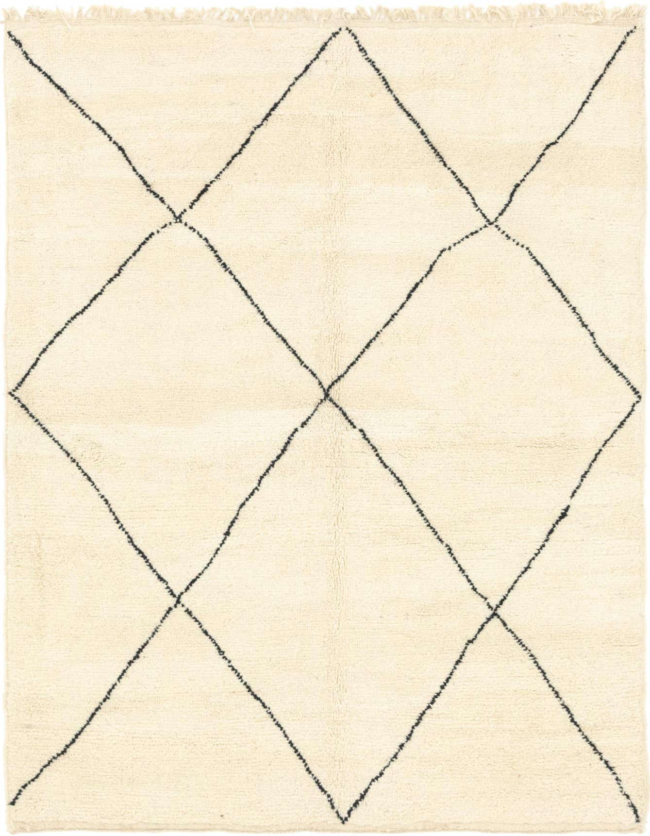 A 7x10 rectangular ivory shag rug with a black diamond trellis pattern, suitable for a living room.