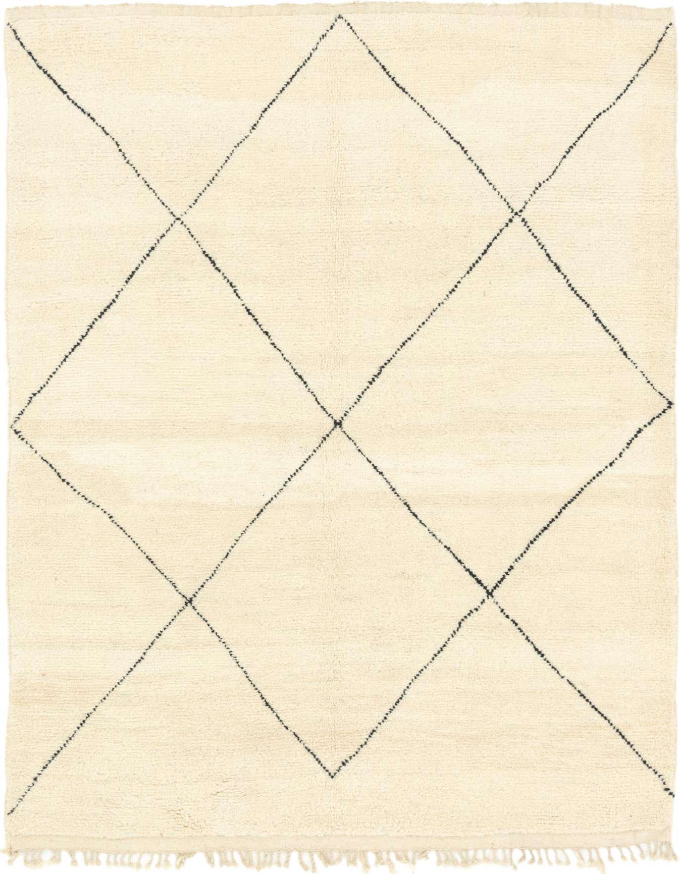 A 7x10 rectangular ivory shag rug with a black diamond trellis pattern and fringed edges, suitable for a living room.