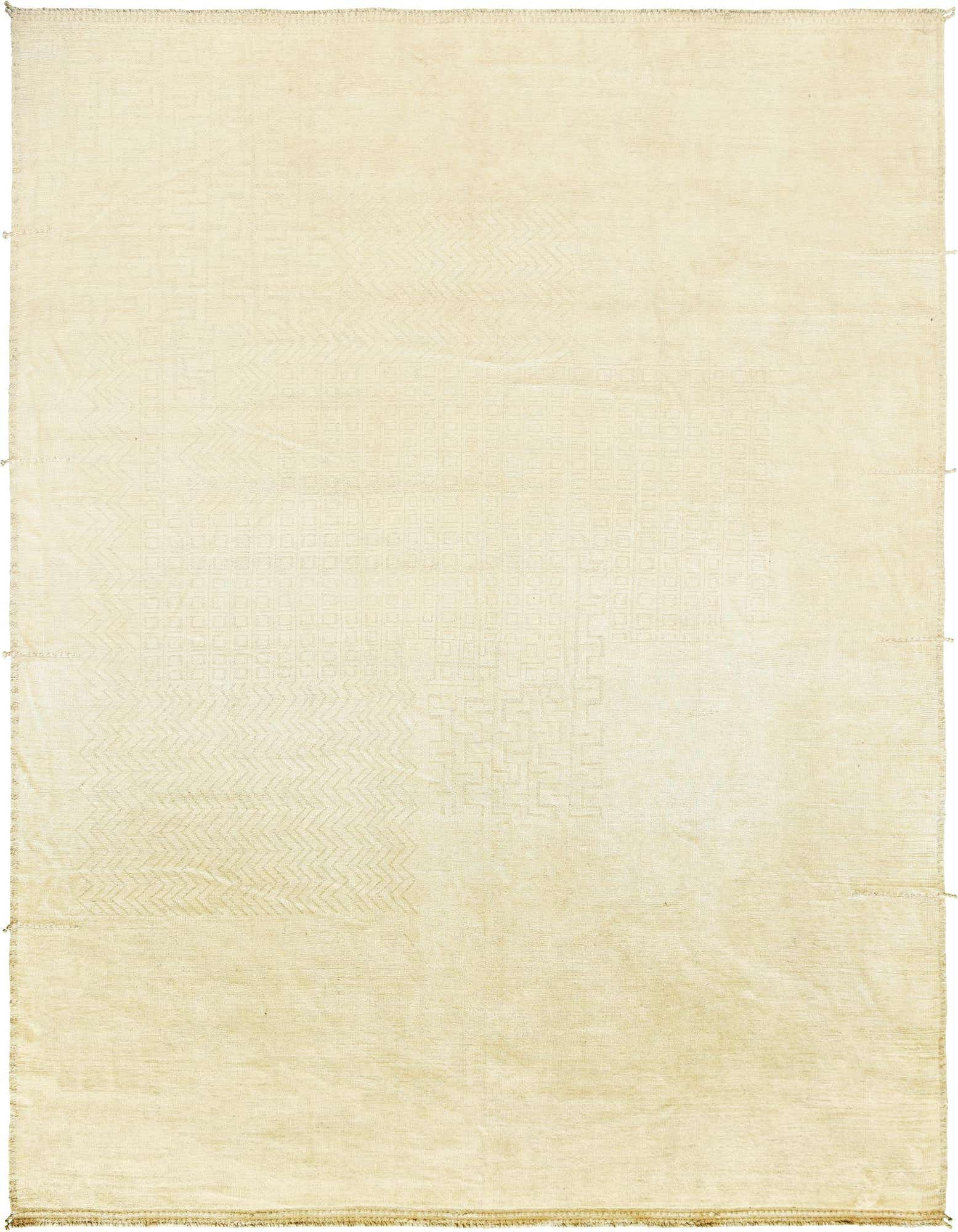 A large 13x18 rectangular ivory wool rug with subtle tribal and abstract patterns, suitable for a living room.