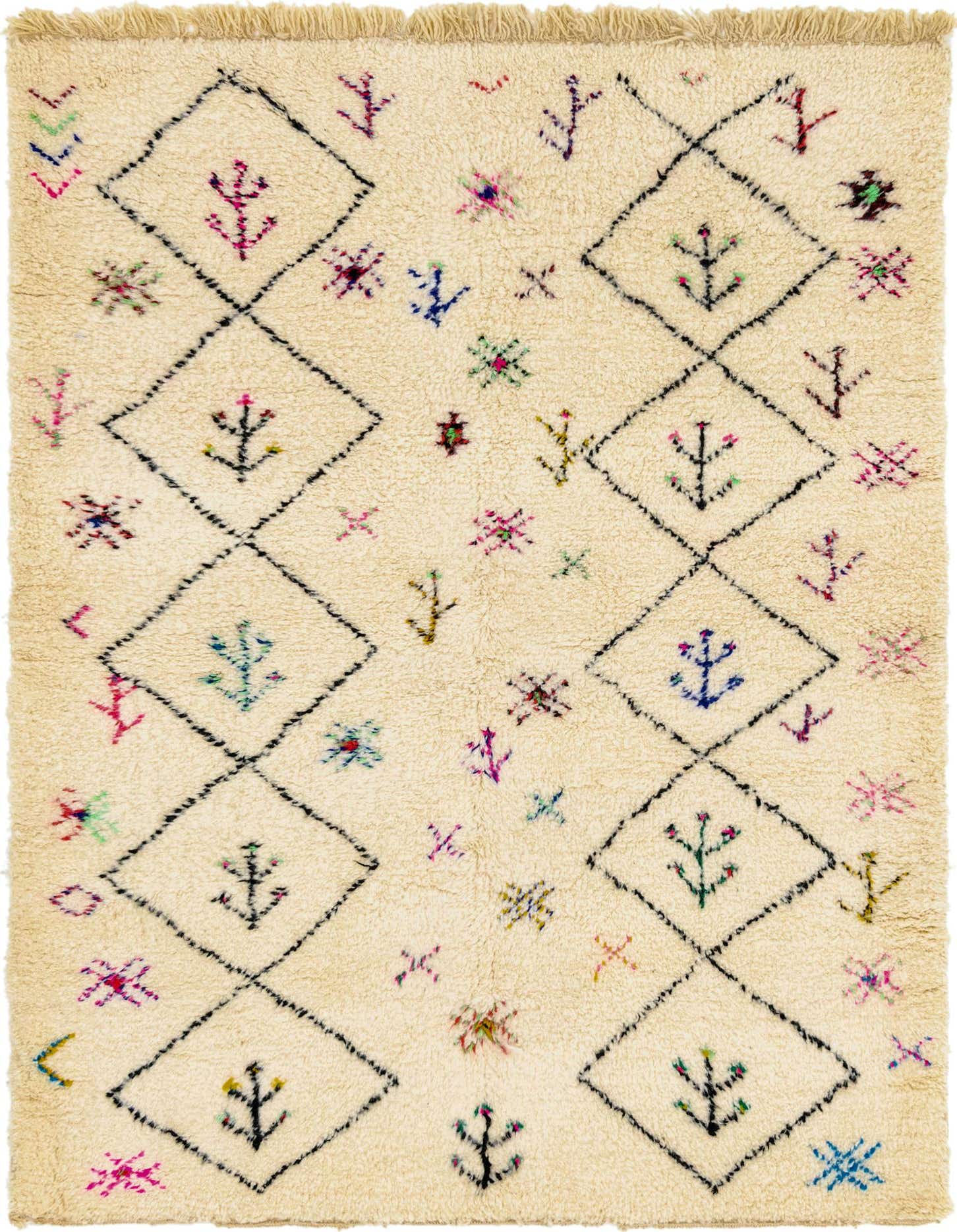 A 5x8 rectangular ivory shag rug with a black diamond trellis pattern and colorful tribal motifs.