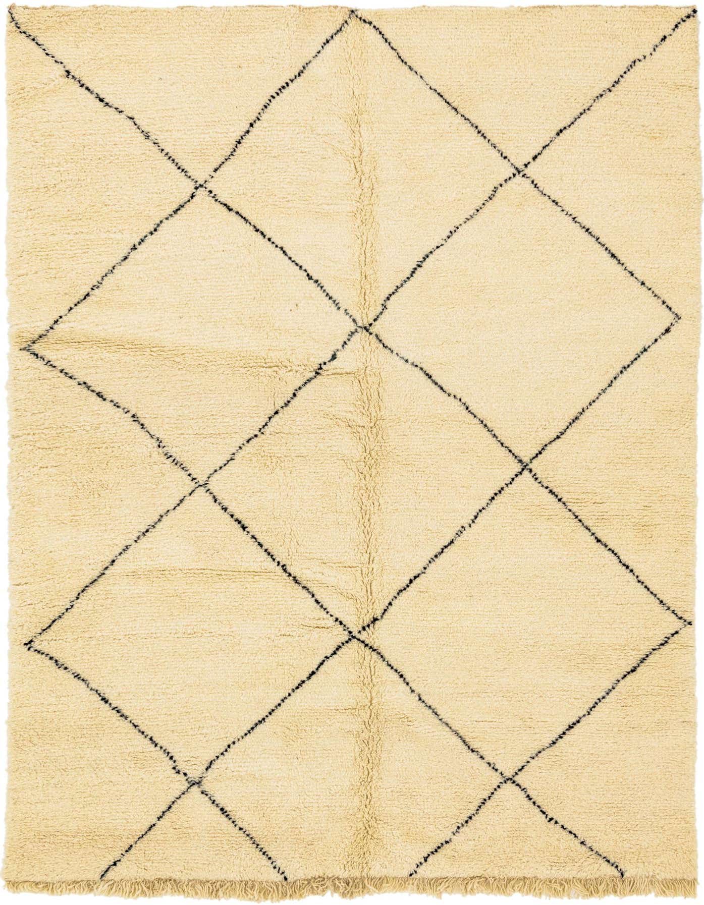 A 6x9 rectangular ivory shag rug with a black tribal diamond pattern, ideal for a living room or bedroom.