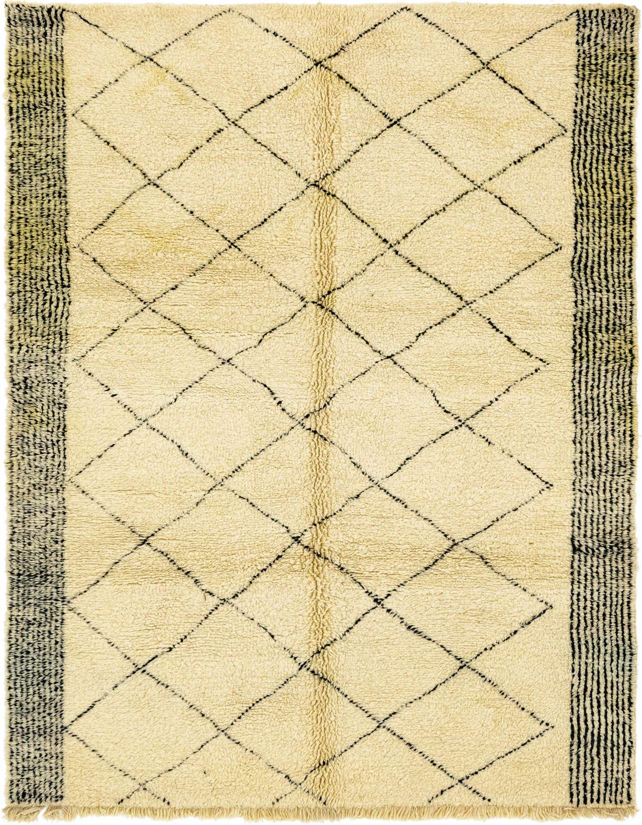 A 6x9 rectangular ivory shag rug with a black tribal diamond pattern and striped borders, suitable for a living room.