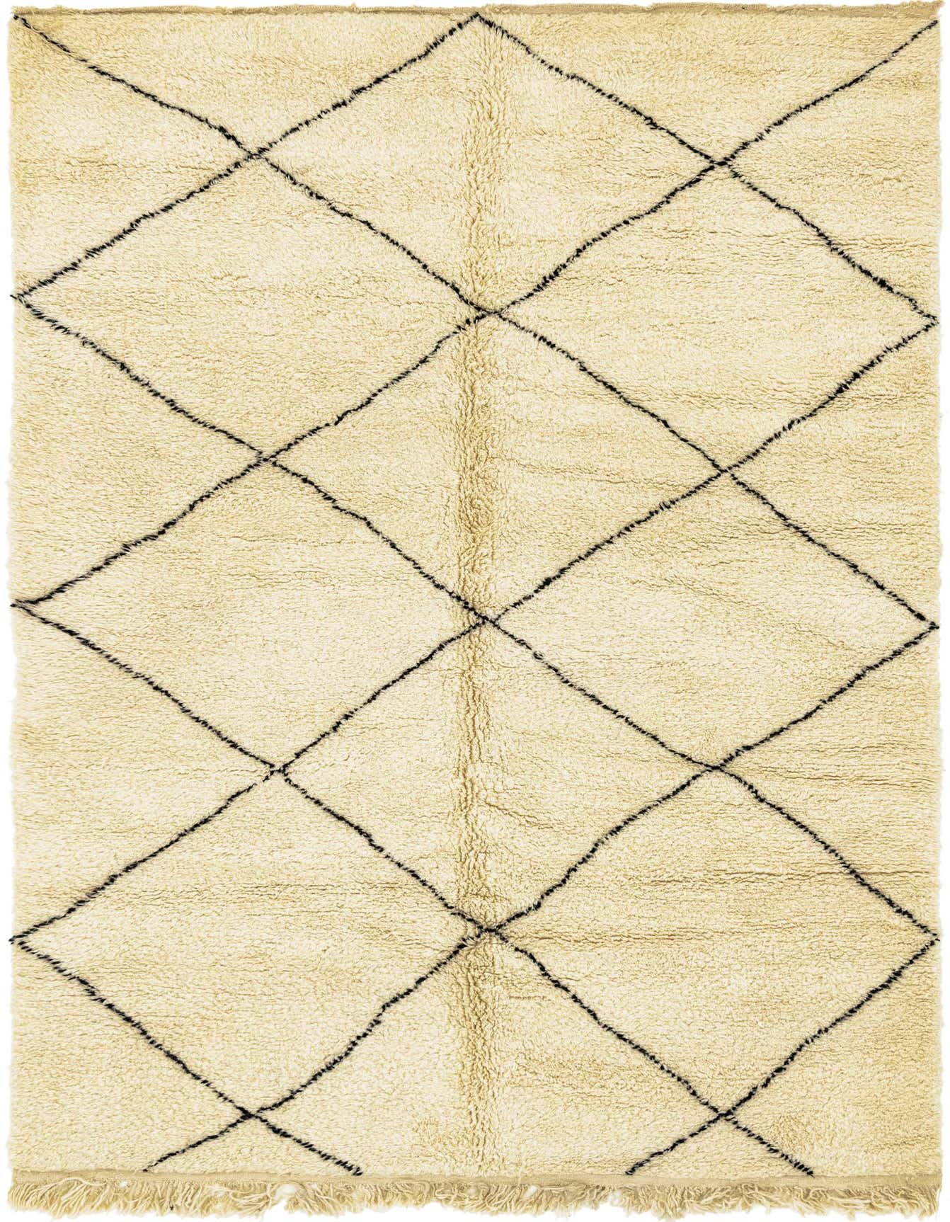 A 6x9 rectangular ivory shag rug with a black tribal diamond pattern, ideal for a living room.