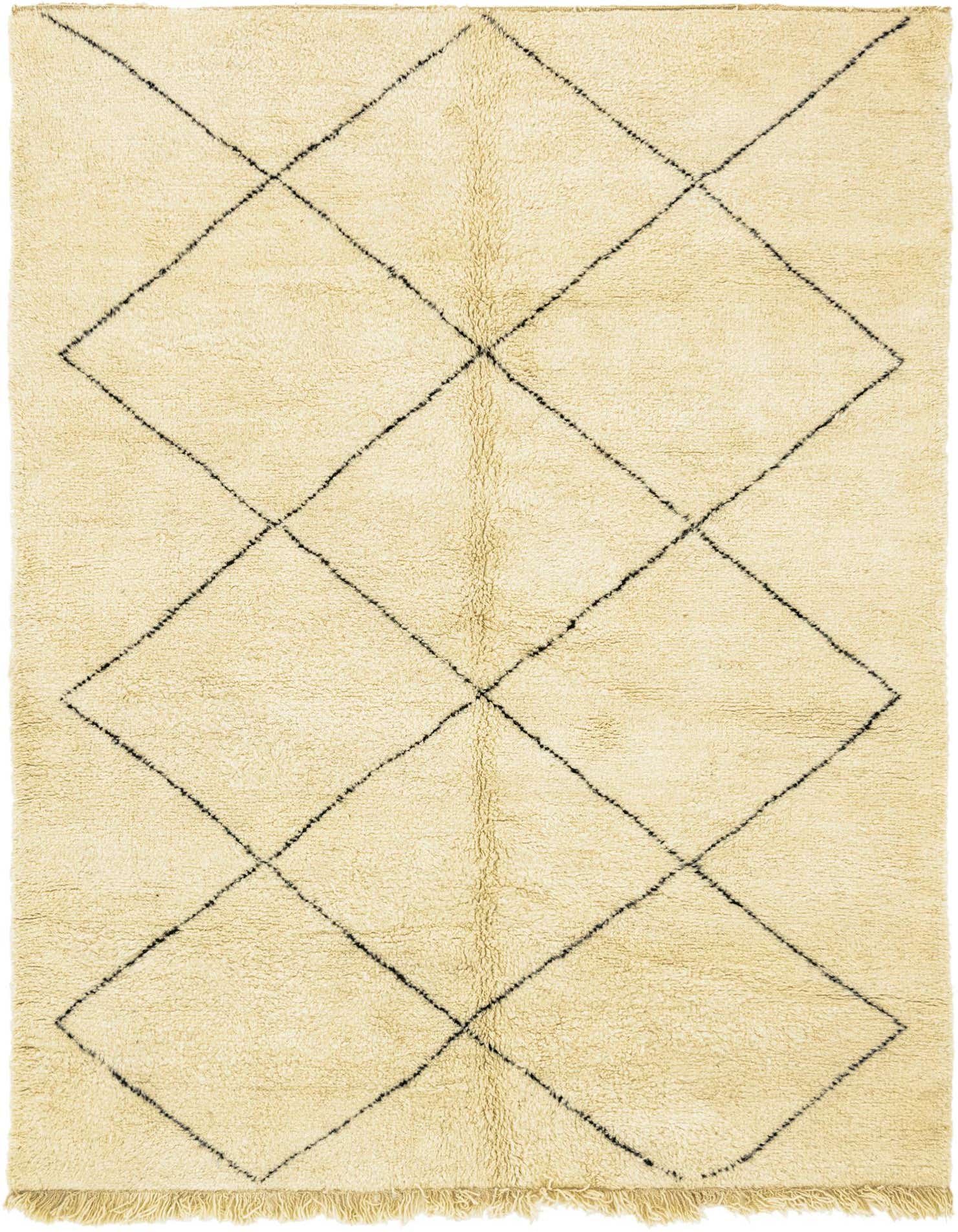 A 7x10 rectangular ivory shag rug with a black tribal diamond pattern and fringe, suitable for a living room.