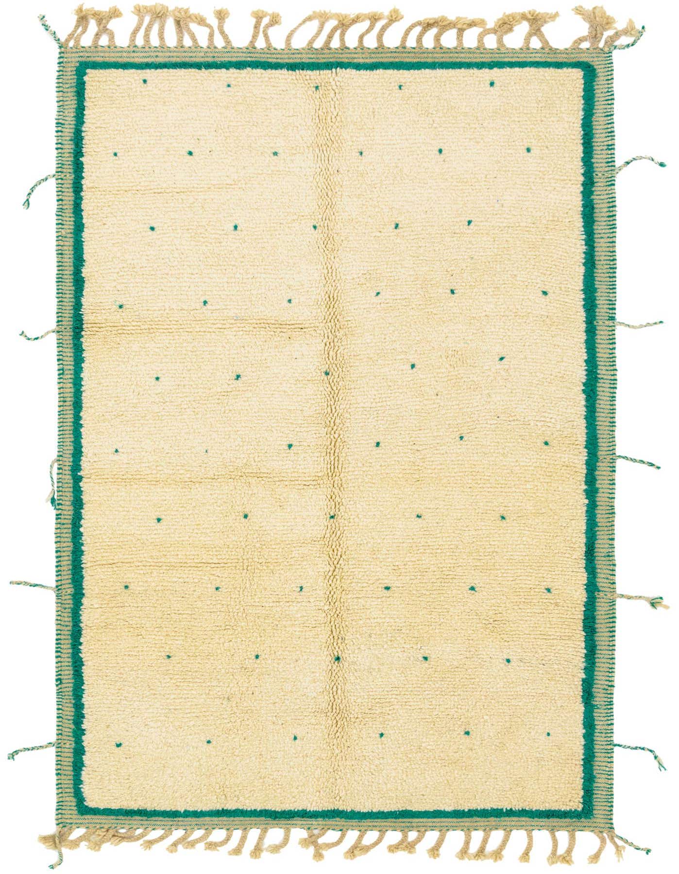 A 5x8 rectangular ivory shag rug with a teal border and scattered teal dots, featuring tassels on the short ends.